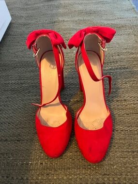 New Look Red Faux Suede Bow Ankle Strap Block Heels EU 38